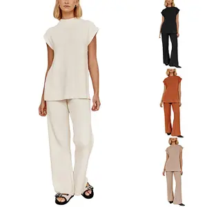 Ommig Women's 2-Piece Knit Lounge Set, Sleeveless Side-Slit Pullover Top & Wide-Leg Pants, Matching Casual Loungewear for Women
