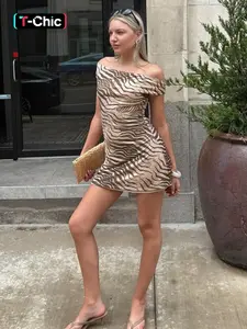 Women's off Shoulder Strapless Zebra Print Dress, Fitted, Trendy Animal Print Design, Casual Daily Wear, Summer, Perfect for Travel and Vacation