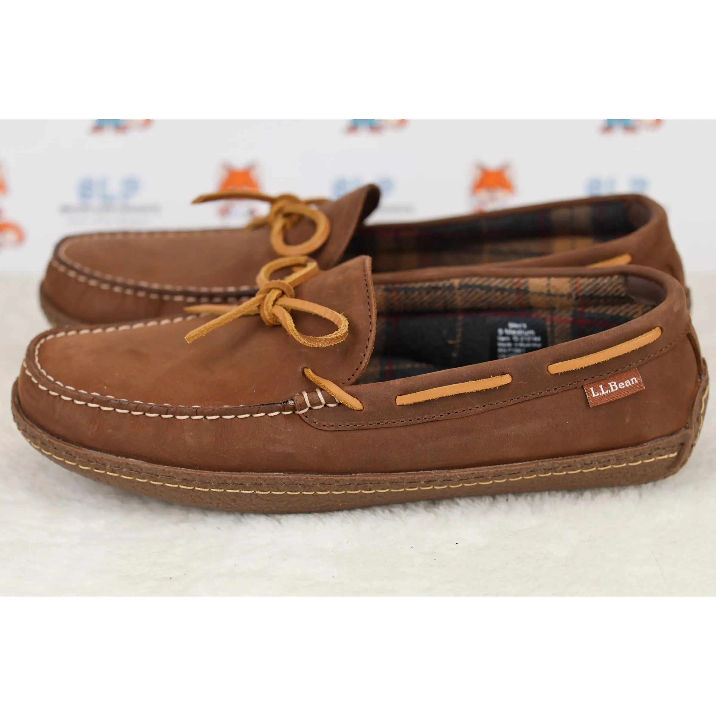 L.L. Bean Men's Moccasin Slippers in Classic Acorn, Featuring Plaid Lining and Hand-Sewn Craftsmanship, Casual, Slip On, Classic Mocs, Footwear, Leather, Shoe, 9 Medium, Durable Construction, Genuine Leather, Indoor, Size 9 Medium, Warm