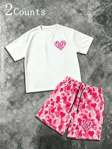 Men's Streetwear Heart Camo Sport Set, Drawstring Waist, Loose Fit, Summer Fashion, Heart Print Sportswear, Two-Piece, Trendy and Versatile, Athleisure Set