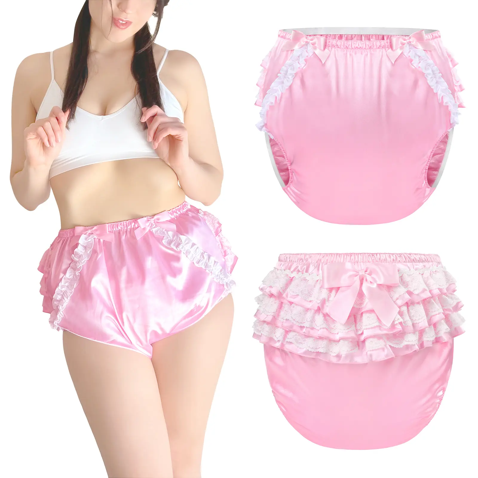 Littleforbig Washable Reusable Waterproof Ruffled Lace Bow Pretty in Pink/Black/Rose Satin Over Adult Diaper Cover