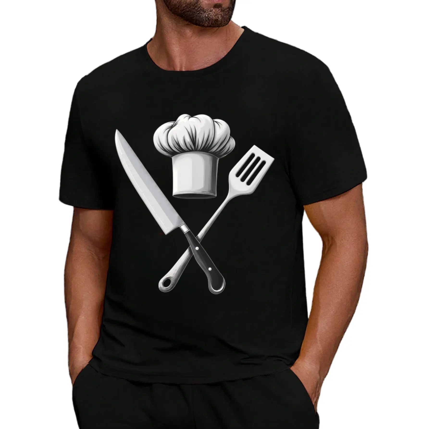 Men's Chef Knife & Spatula Graphic T-Shirt - Loose Fit Short Sleeve Crew Neck, Machine Washable Casual Tee for Cooking Enthusiasts, Outdoor & Daily Wear Gift