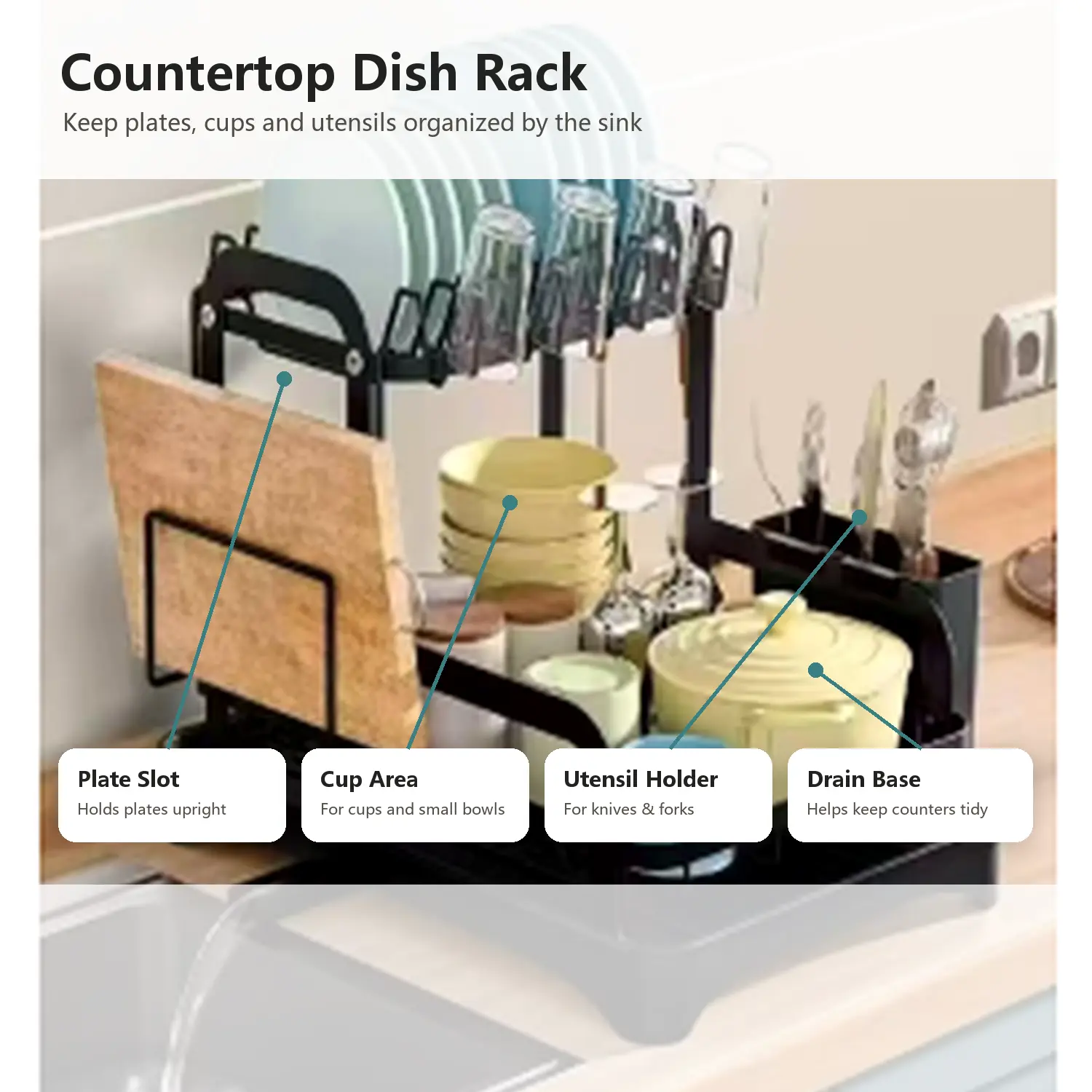 Countertop Dish Rack with Utensil Holder, Kitchen Plate Cup and Bowl Organizer