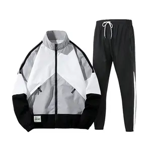 Men's Fashion Colorblock Jacket - Black White Gray Patchwork Stand Collar Long Sleeve Street Trendy Casual Coat for Everyday Wear