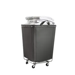 Large Commercial Heavy Duty Rolling Steel Frame Laundry Hamper Canvas Cart Bin, w/ Wheels for Hotel, Home, Closet, Bedroom (PATENTED), Gray, 18.1" D x 18.1" W