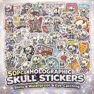 1Pc 50PCS Holographic Skull Stickers Funny Cute Waterproof Vinyl Decals Aesthetic Cartoon Graffiti Sticker Pack for Laptop Water Bottle Phone Case Skateboard Helmet Scrapbook DIY Decor Gift Spring Summer Party Supplies