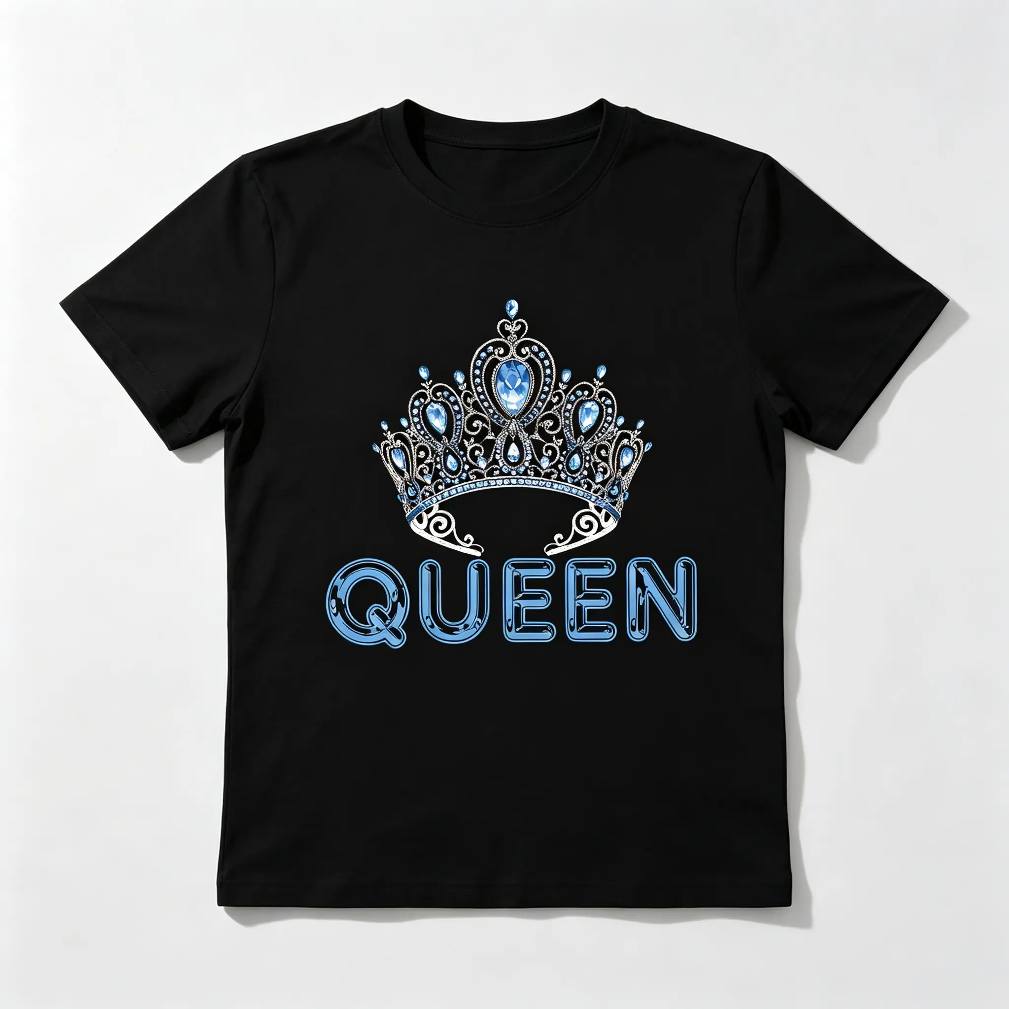 Blue Crown QUEEN Graphic T-Shirt For Women, Elegant Crown Print Casual Crew Neck Short Sleeve Tee Fashion Daily Top