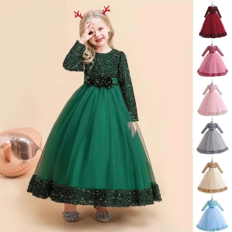 Kids Clothes 079 Sequins Green Princess Long Sleeve Ball Gown Frock Children Formal Evening Party Pageant Prom Host Cocktail Dress Flower Girls 4-14Y