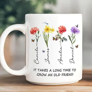 Best Friend Coffee Mug, It Takes A Long Time To Grow An Old Friend Glass Mug, Custom Birth Flower Gift, Gift for Best Friends, Besties Gift