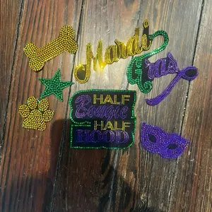 MARDI GRAS DOGGIE  6 PATCH SET with Iron On Heat Press, Includes Various Graphics and Decorative Elements