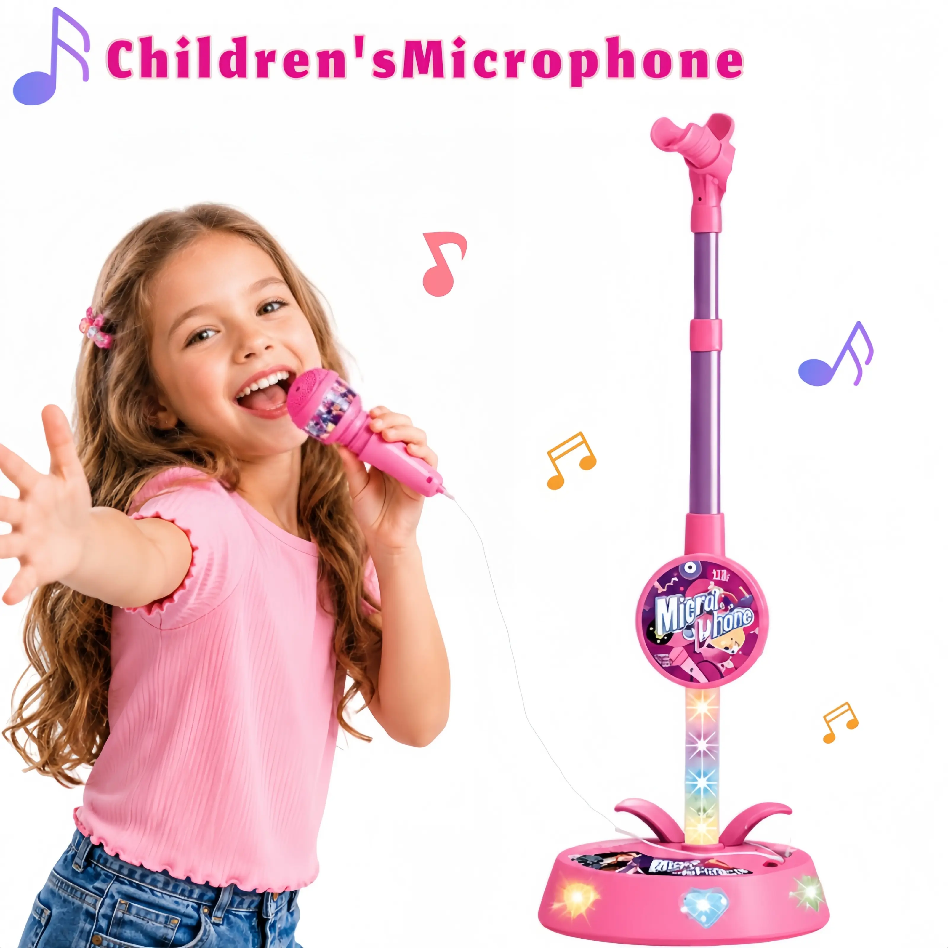 Upgraded Brand-New Children's Musical Toy Microphone with Sturdy Base, Colorful LED Lights, Type-C Smartphone Connection - K-Pop Role-Playing Toy, Music Education Tool for Kids to Boost Confidence, Little Gifts for Girls