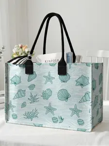 1 piece of seashell starfish pattern 2D printed large capacity storage bag, extra large storage bag, sturdy handle, space-saving multi-purpose, suitable for use at school, business trips, shopping, Beach Bags