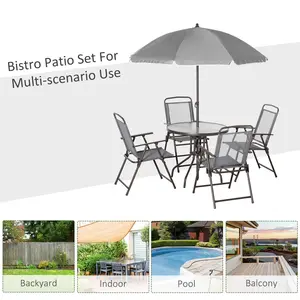 【6 Piece Patio Set】Outsunny 6 Piece Patio Dining Set for 4 with Umbrella, Outdoor Table and Chairs with 4 Folding Dining Chairs & Round Glass Table for Garden, Backyard and Poolside