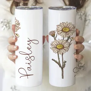 RodyThread Personalized Birth Month Flower Daisy Tumbler Insulated Stainless Steel Skinny Tumbler with Clear Lid for Women Mom Sisters Bridesmaid Cottagecore Boho Botanical Floral Aesthetic White Custom Name Cursive Text Unique Birthday Gift