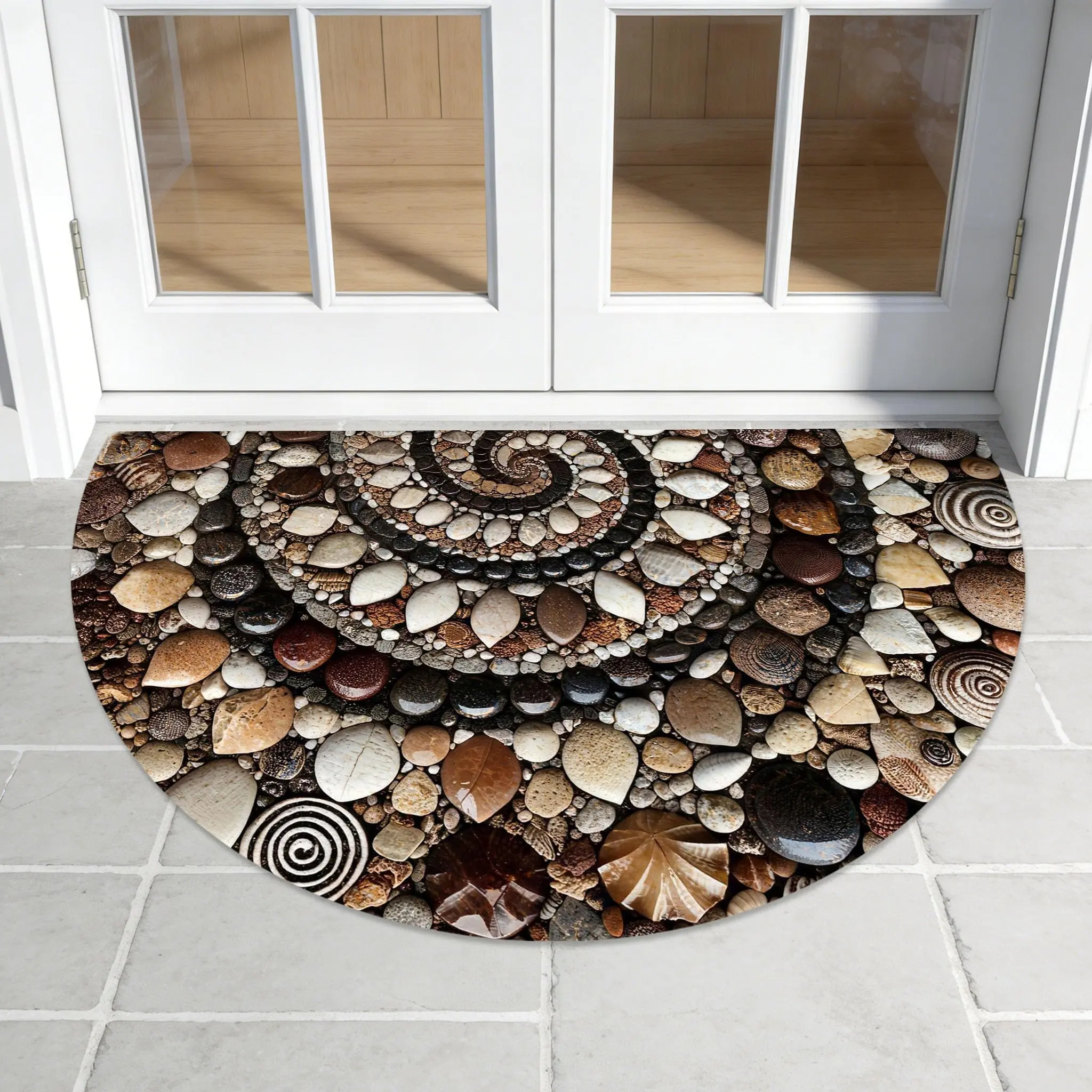 Half Circle Durable Decorative Mat - Non-Slip, Easy to Clean, Low-Profile, Beige Brown Pebbles Modern Design, Mud-Trap Shape for Front Doors, Garages, Indoor Bath Entrance, Available in Multiple Sizes