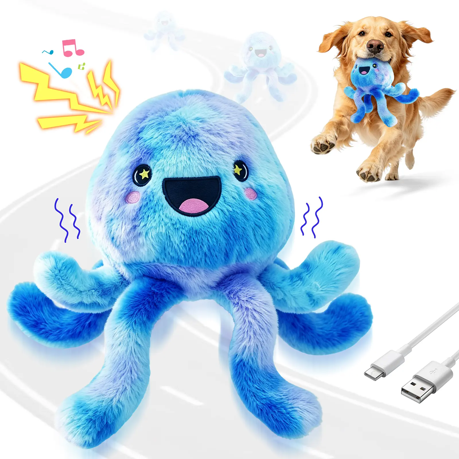 Fuufome Electric Interactive Jellyfish Dog Toy, Rechargeable Vibrating Plush Dog Toy with Puppy Barking Sounds, Moving and Shaking Pet Toy for Puppies, Small, Medium and Large Dogs, Indoor Play