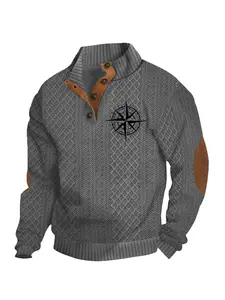 Men's Printed Knit Jacquard Long Sleeve Henley Shirt, Knit Pullover Top, Comfortable Fabric, Casual Fit, Perfect for Fall & Winter Daily Wear