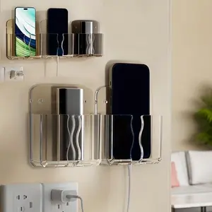 Bedroom Wall No-Drill Adhesive Phone Charging Stand, Hanging Bedside Lazy Storage Box Charging Phone Holder