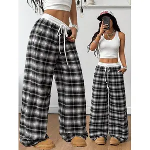 Women's Plaid Patchwork Comfortable Loose-Fit Straight Leg Pants, Casual Chic Trousers, Casual Style All-Season Wear, Perfect for Daily