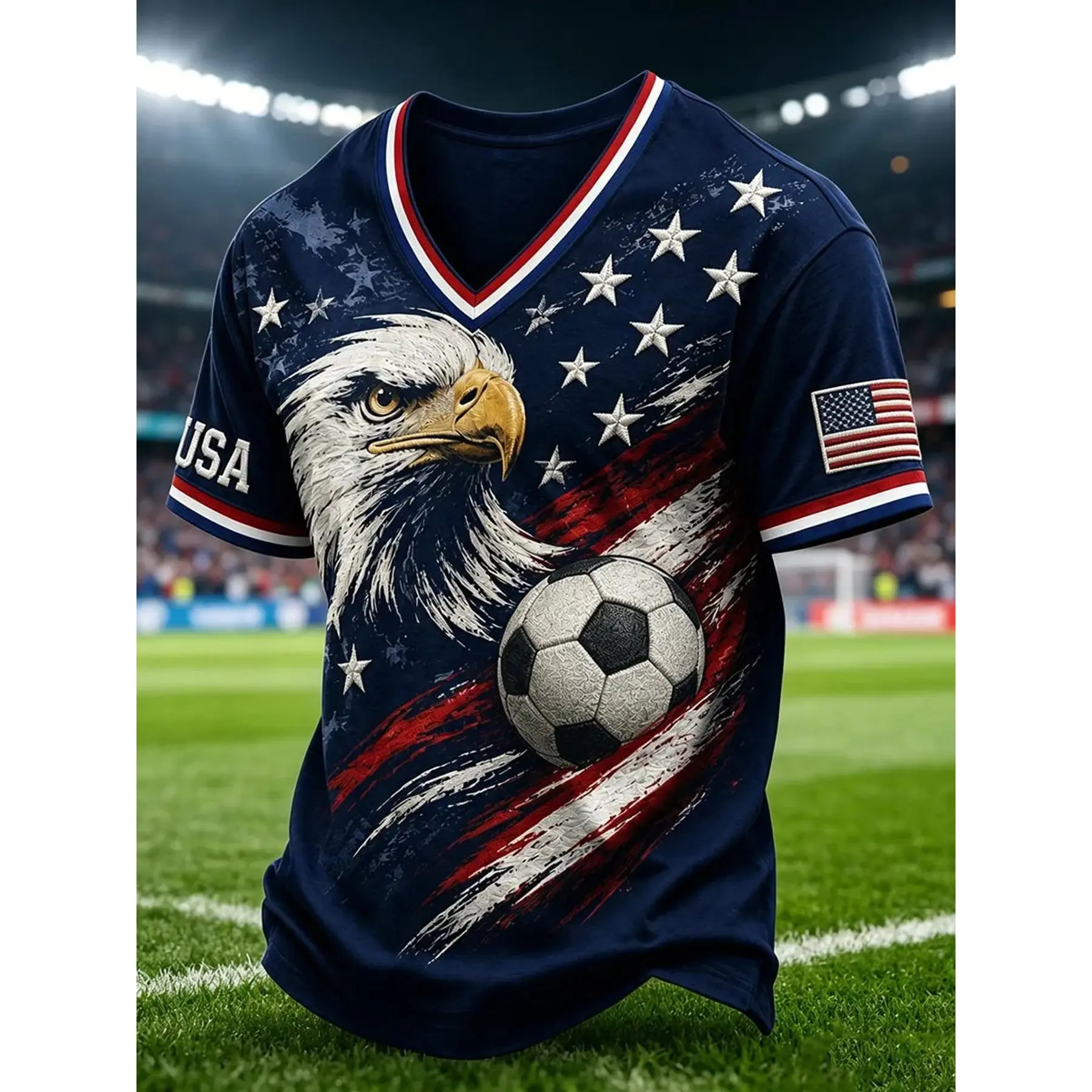 [XXS-7XL] Mesh Fabric [Printed Design - No Texture] Men's Fashionable Casual Sportswear American Patriotic Theme Football Shirt Featuring Bald Eagle, American Flag, Stars and Stripes, and Football Patterns. Adult Men's Streetwear for Everyday Wear