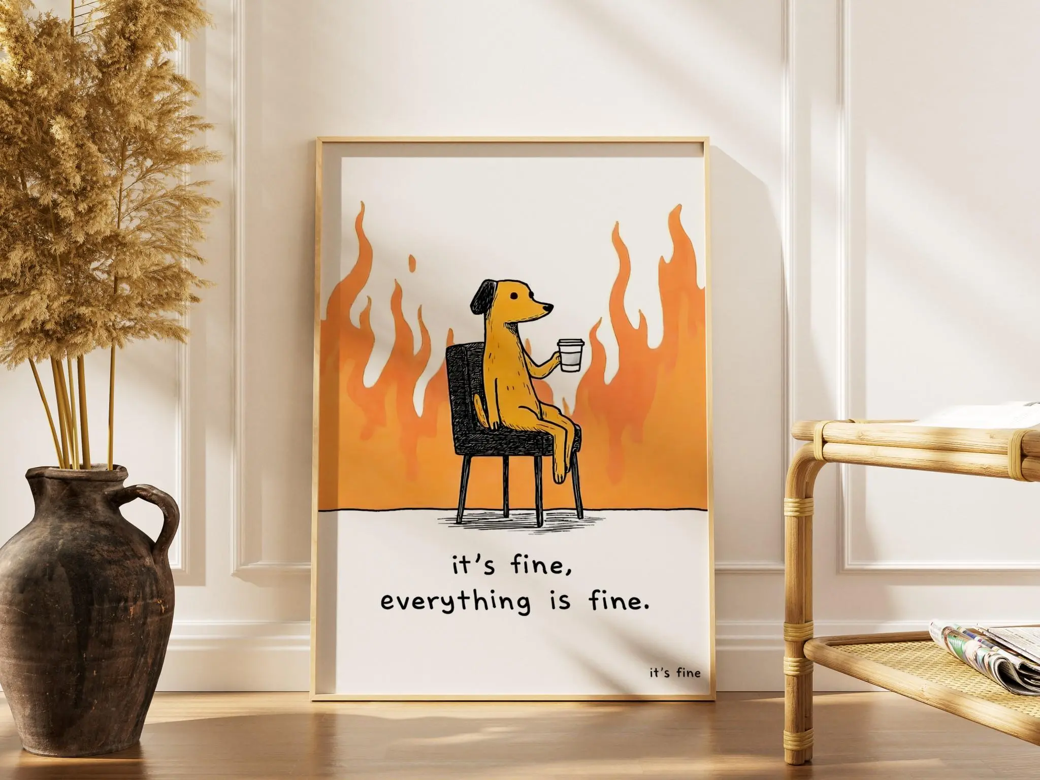 [Sale Up To 50%][No frame, Free Ship] Funny “It’s Fine Everything Is Fine” Dog Meme Print, Sarcastic Wall Art, Burnout Humor Poster, Funny Office Decor, Meme Gift