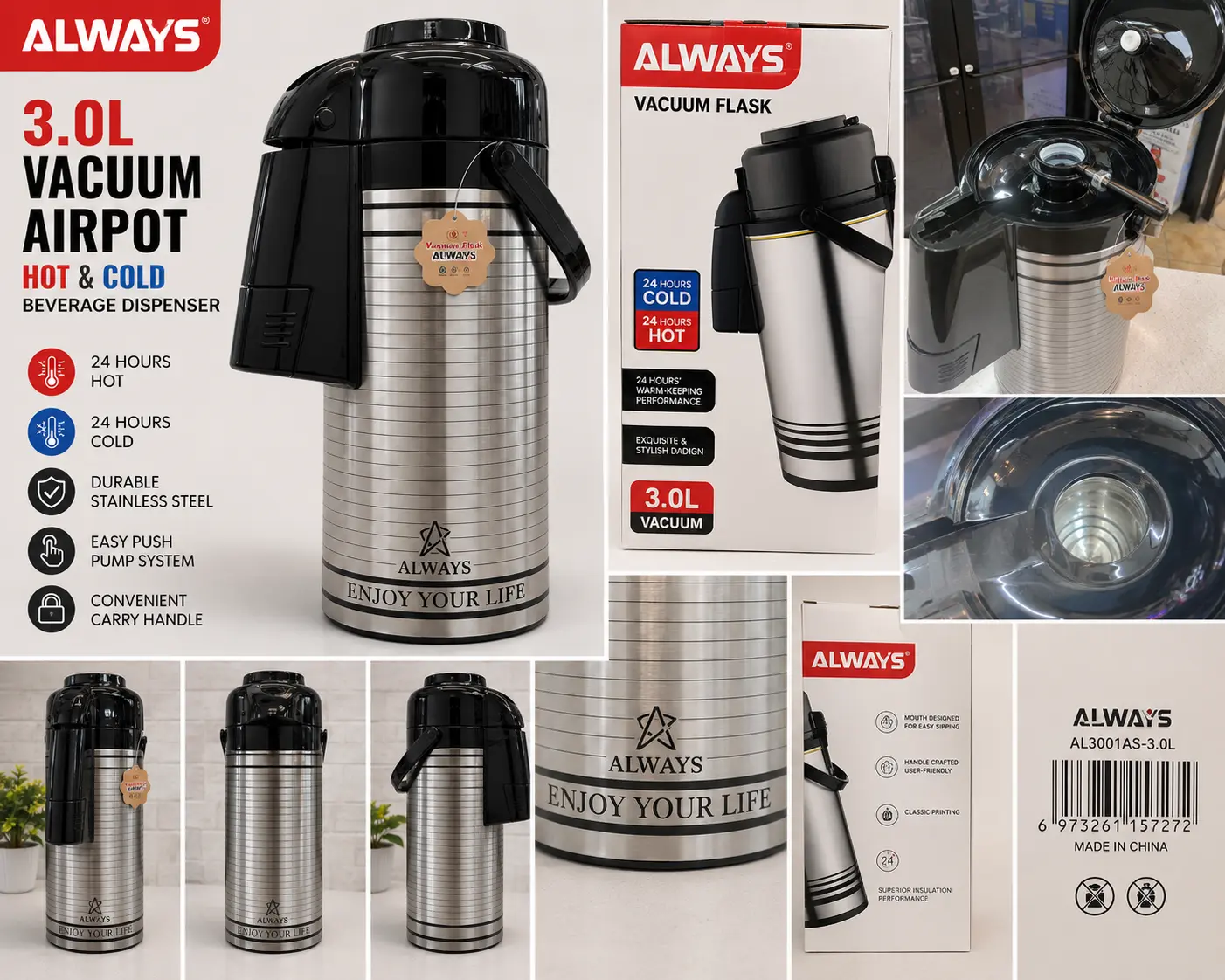 ALWAYS 3.0L Vacuum Airpot AL3001AS Silver Stainless Steel Insulated Glass Liner Easy Push-Pump System 24-Hour Hot & Cold Performance