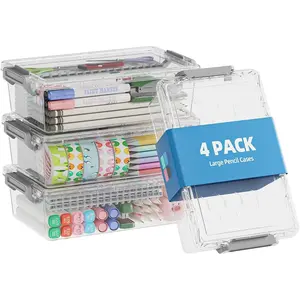 SQ-PCB019 4 Pack Extra Large Pencil Box, Plastic Pencil Case Organizer, Clear Crayon Box Marker Organizer, Stackable Craft Organizers and Storage for Pen, Craft, Art Supply(Grey)