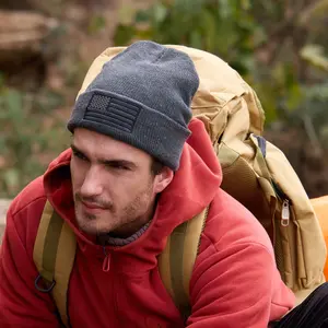 OUTDOOR SHAPING American Flag Embroidered Beanie, Knit Cuffed Winter Hat, Tactical Warm Skull Cap for Men Women