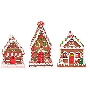 Porcelain Gingerbread LED Village Set, 3-Piece Lighted Holiday Houses with Church
