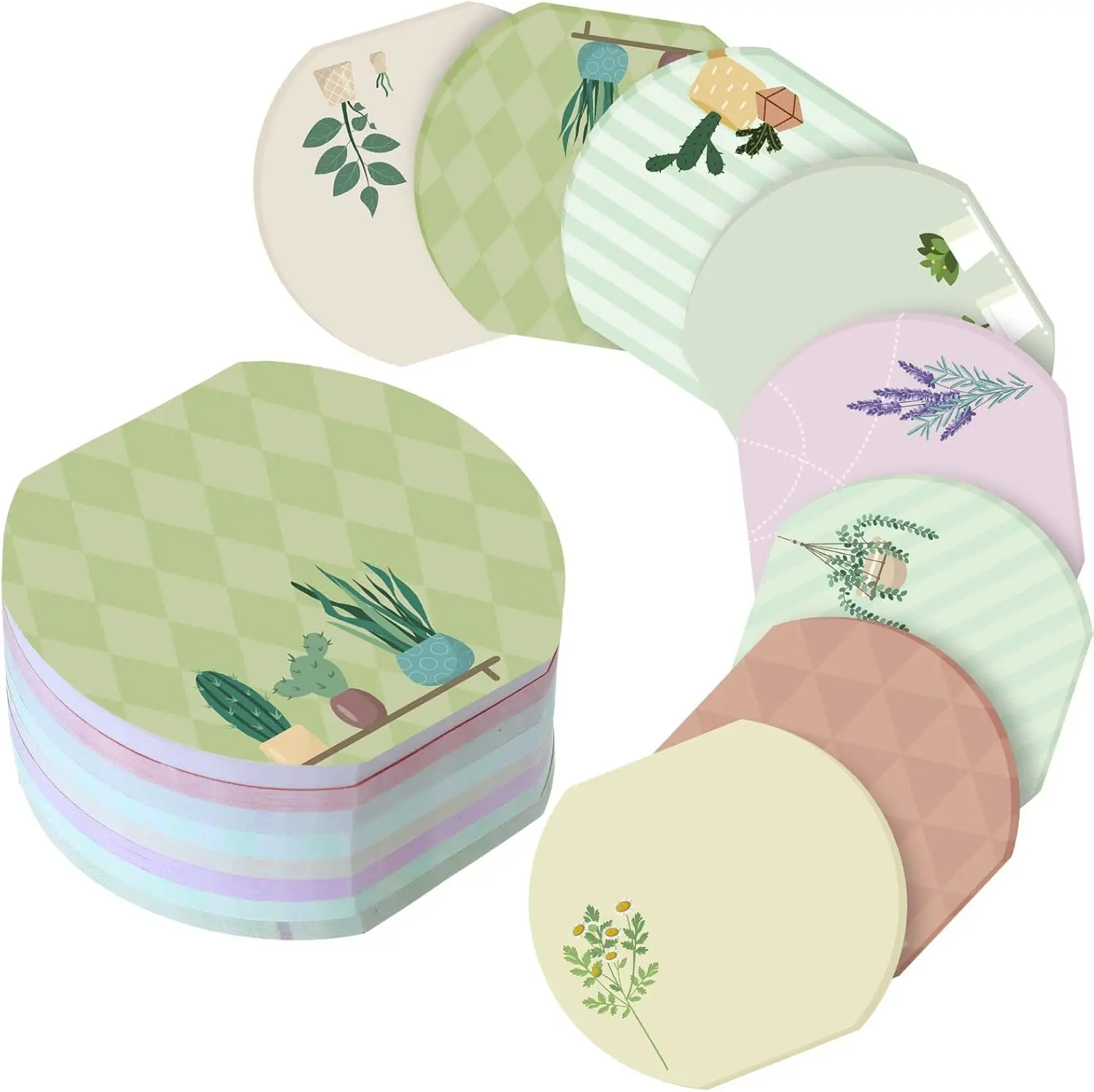 8Pcs Self-Adhesive Spring Theme Plant Pattern Sticky Notes Set Pack - Fishbowl Shape, Cute Leaf & Aesthetic Succulent Notepads, 50 Sheets/Pad, Office/Home Cabinets Daily Use Home Improvement Supplies