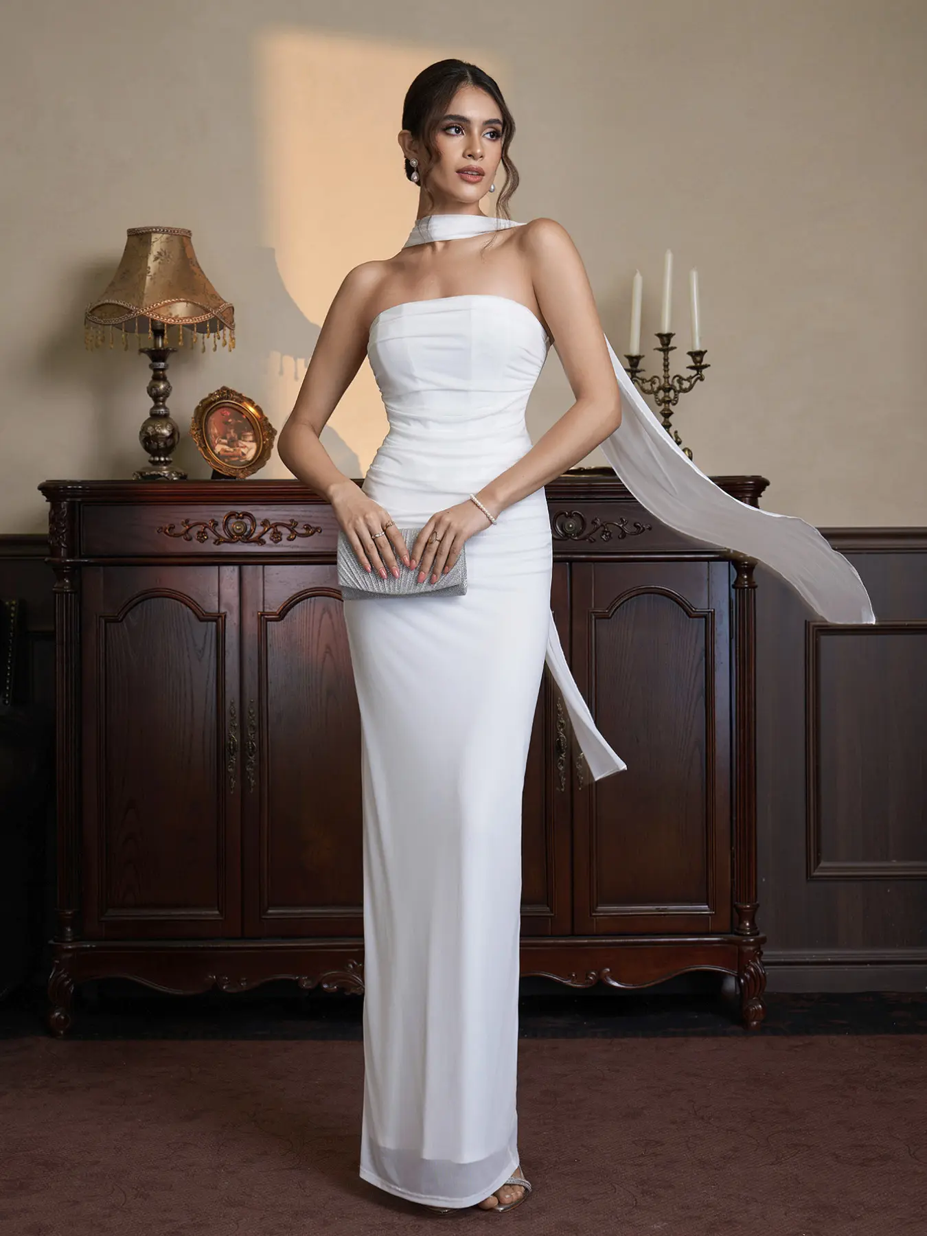 Backless Strapless Sleeveless Fitted Dress with Back Slit, Elegant Solid Design, Includes Scarf, Perfect for Wedding Party, Wedding Guest Gown, Womenswear, Summer Formal Wedding Guest Dress