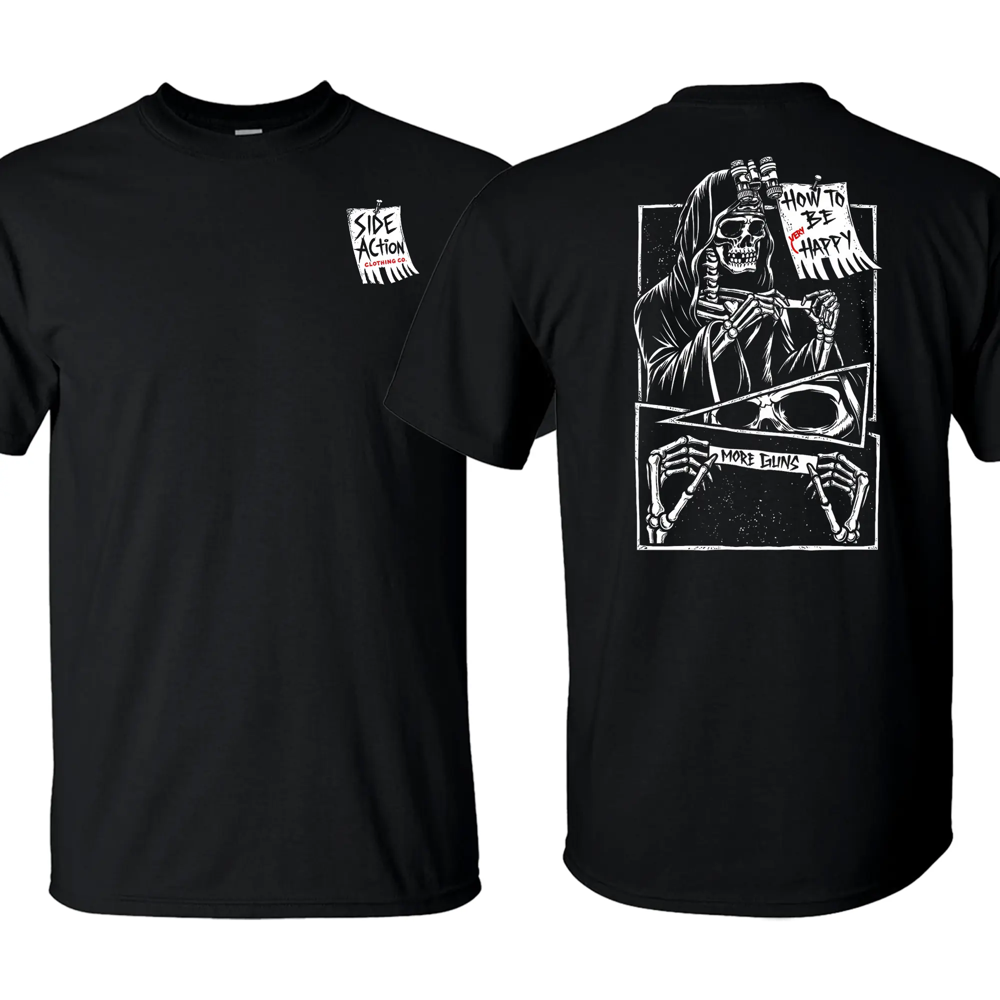 How To Be Happy Skull Graphic T-Shirt – Grim Reaper Skeleton Tee, Gothic Streetwear Shirt, Side Action Clothing Co