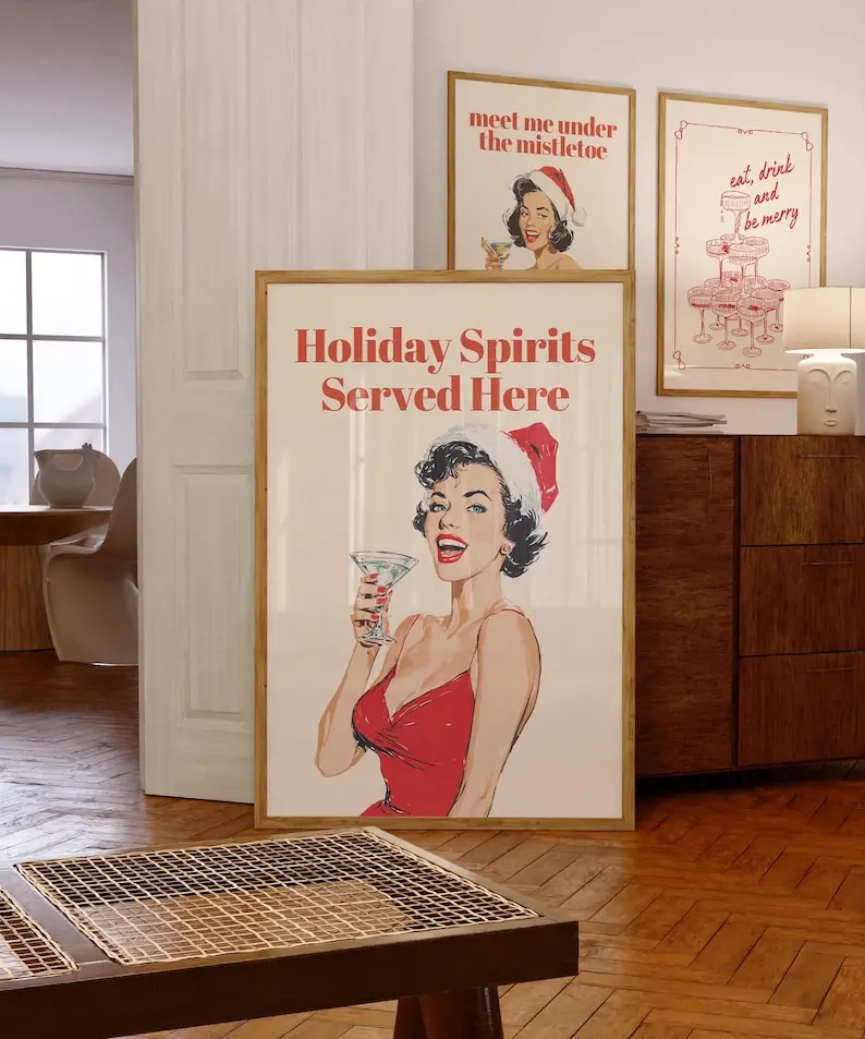 Holiday Spirits Served Here Print, Funny Retro Christmas Wall Art, Pin Up Cocktail Poster, Vintage Santa Holiday Bar Cart Decor poster [NO FRAMED]