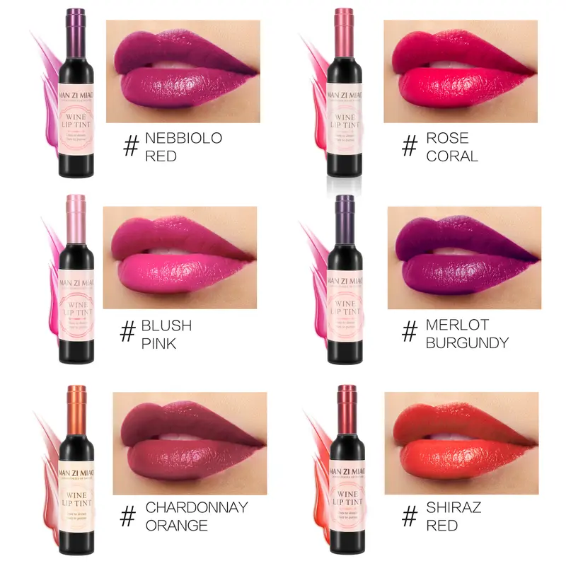 ALIVER 6-Color Wine Lip Tint Set - 0.24oz High Pigmentation Matte Liquid Color Lip Shades, Long-Lasting Mini Wine Bottle Design, Beauty Product & Amazing Gift Idea for Loved Ones (Pack of 6)