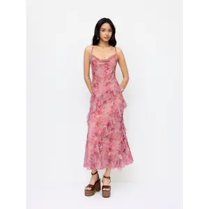 Cider Mesh Floral Cowl Neck Ruffled Mermaid Maxi Dress