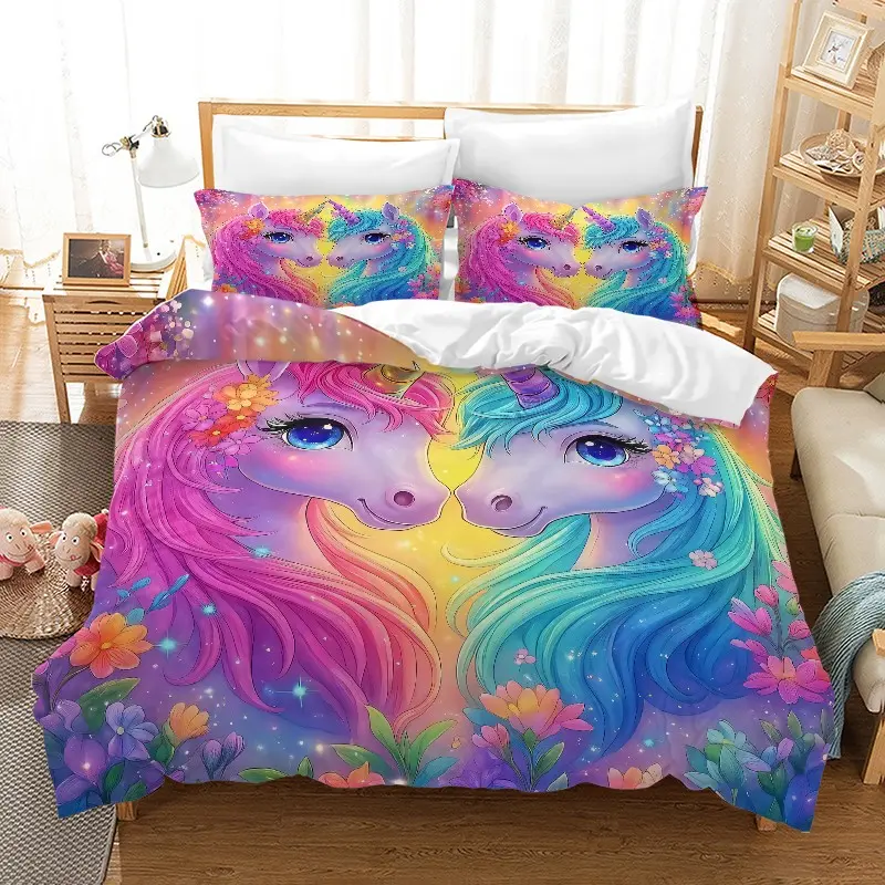 3-Piece Bedding Set, Digital Print Unicorn Design, Soft Comfortable Fabric, Comfy Bedding Set, Zipper Design, Ideal for Bedroom, Decorative Bedding Set, Printed Bedding Set, Bed Sets Supplies