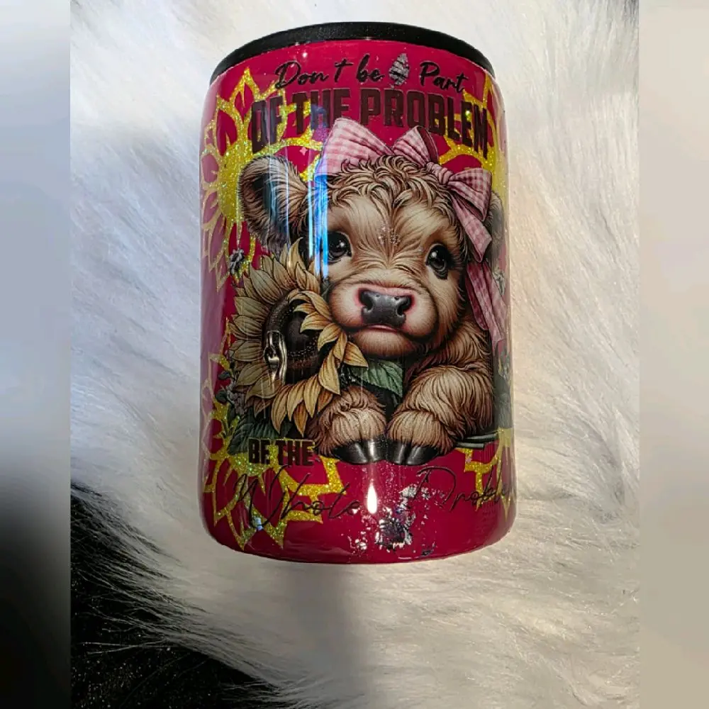 12oz Can Koozie with Cow and Sunflower Design