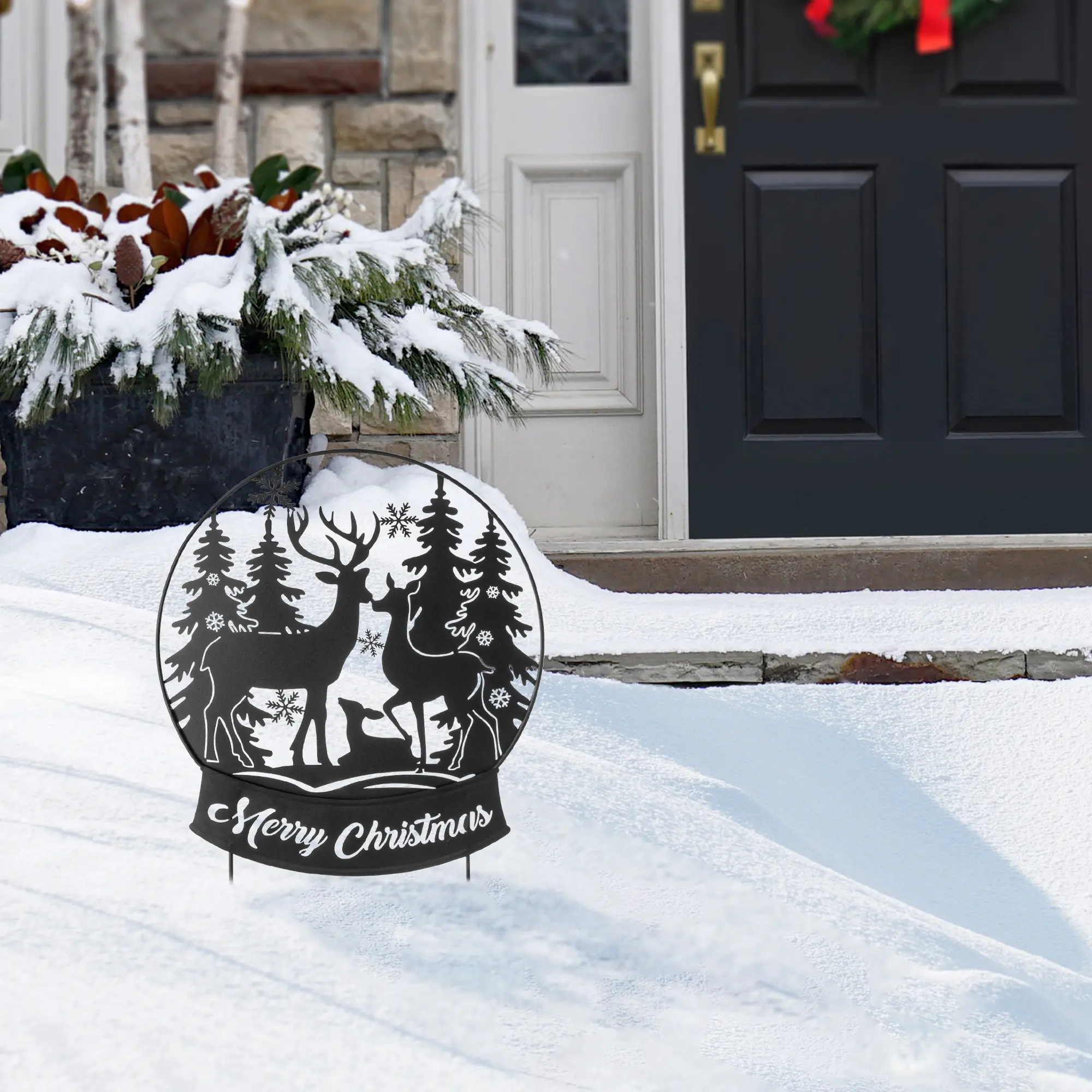 Glitzhome 30"H Christmas Metal Silhouette"Merry Christmas" Waterglobe with Reindeers Yard Stake or Wall Decor(KD,Two Function)