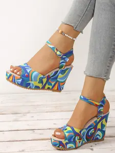 Women's Summer New Elegant Wedge Heel Thick Sole Sandals, Colorful Strap Open Toe High Heels, Comfortable Outdoor Beach Slippers