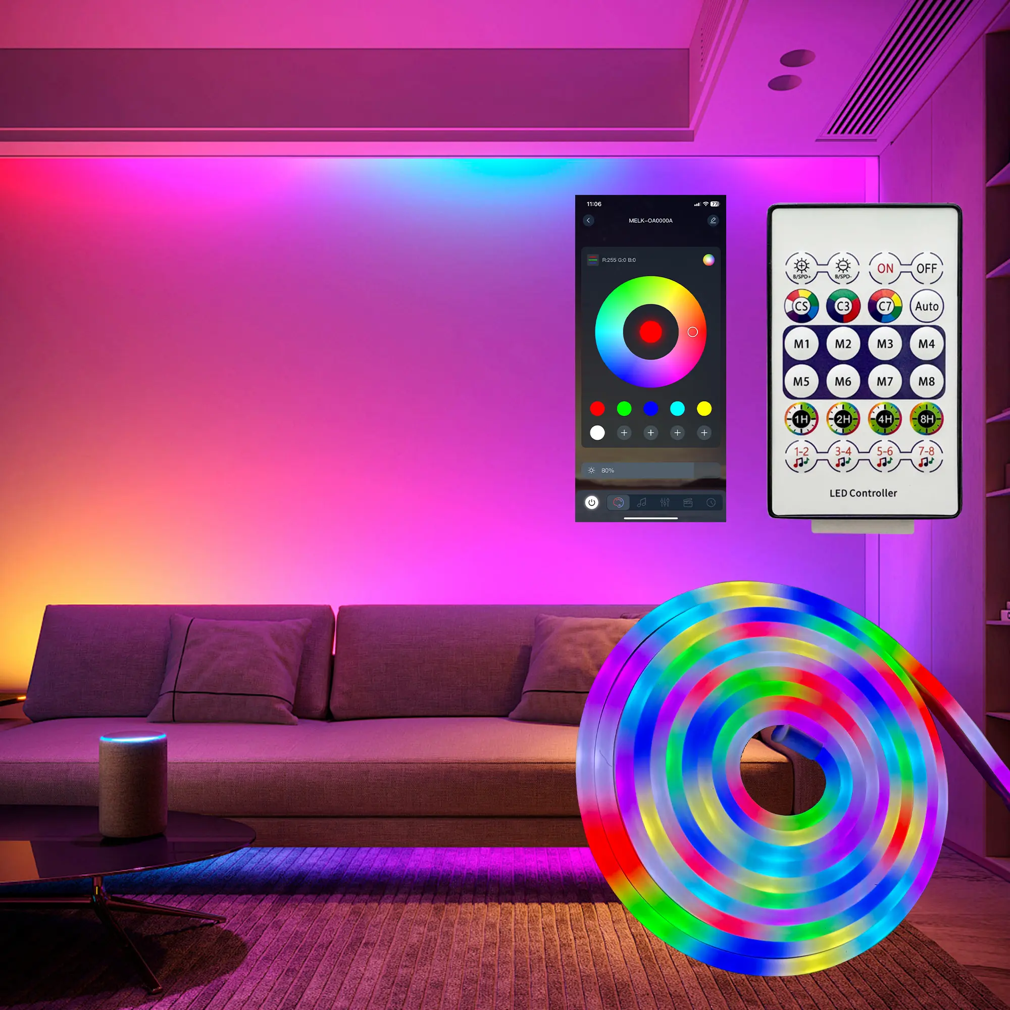 Summerwins Silicone RGBIC DIY Neon Rope Light Strips - 1m Unit, 3m Total, 5V USB Powered with Adapter, Smart App & Remote Control, Vibrant RGB Lighting, RGB Gradient Dimmable Rainbow LED Lights, Music Sync, DIY Modes for Gamers' Gaming Room Home Decor