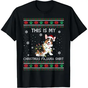 This Is My Christmas Pajama Shirt Tricolor Corgi Pjs Xmas T-Shirt, 100% Cotton, Single Side Printed, Black Short Sleeve T-shirt, 1 pc, Christmas Halloween Thanksgiving Gift