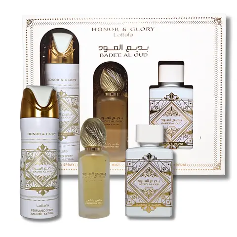 Lattafa Bade'e Al Oud Honor & Glory 3-Piece Arabian Cologne Fragrance Set - Oriental EDP, Perfumed Spray, Hair Mist, Spicy Vanilla, Amber Blend, Fruity Wood Notes, Long-Lasting, Affordable Everyday Chic Boxed Aromatic Luxury Set for Adults, Boxed Luxury F