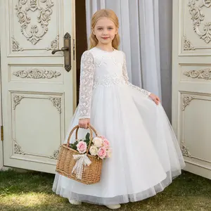 682 Lace long dress wedding dress flower girl dress girl mesh tulle skirt birthday party piano performance children's dress
