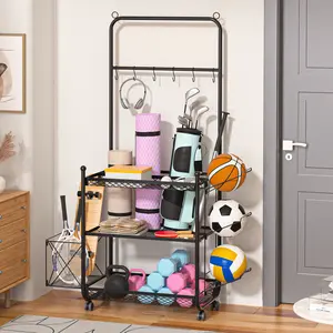 Dumbbell Rack Stand, Yoga Mat Storage Rack, Home Gym Weight Rack for Kettlebells Foam Roller, Workout Equipment Organizer with Hooks and Wheels