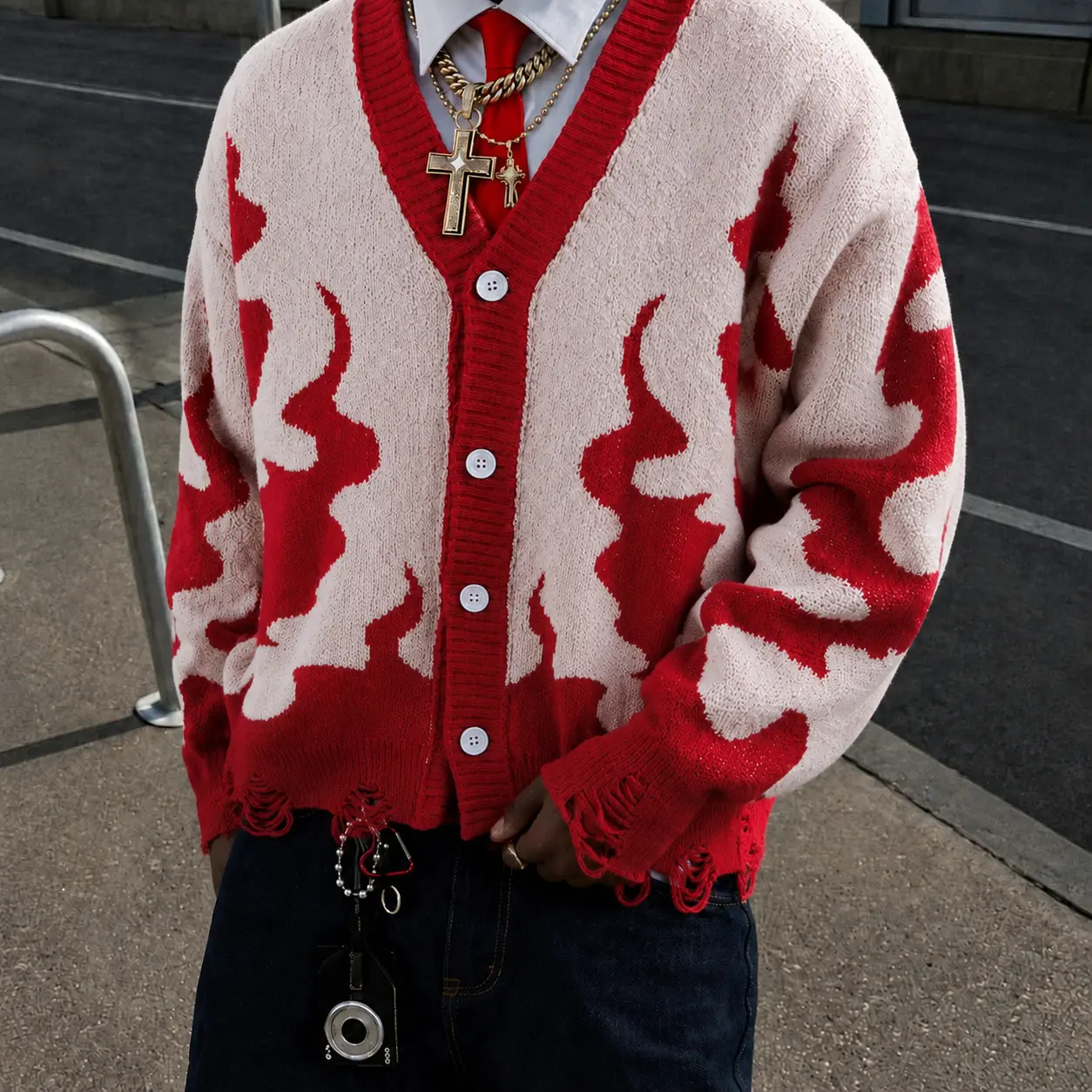 Mens Y2K Red Flame Graphic Cardigan Sweater Distressed Grunge Streetwear Knit V-Neck Button Up Vintage Retro Knitwear Alt Opium Hip Hop Oversized Fall Winter Sweaters For Men Ripped Frayed Hem Unisex S-XL
