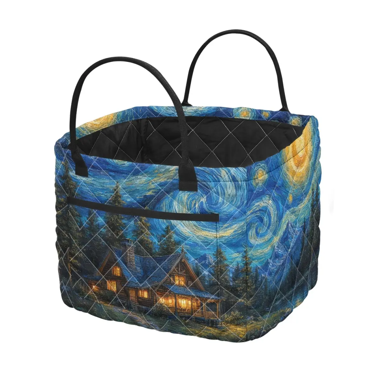 Starry Night Cabin Quilted Laundry Basket, Large Foldable Clothes Hamper with Handles & Pockets, Soft Fabric Storage Bin for Dirty Clothes, Toys, Nursery, Gift for Mom Collapsible Supply Organizer