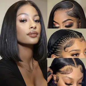 [new]2×6 Glueless Straight Bob Wig Human Hair 200%Scale Lace Knotless Straight Blunt Cut BoneStraight Bob Wigs Preplucked Hairline with BabyHair