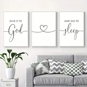 Bible Verse Themed Canvas Painting without Frame, 3 Counts/set Give It To God and Go To Sleep Letter & Heart Pattern Wall Art, Wall Decor for Home Bedroom, Valentine's Day Gift Idea