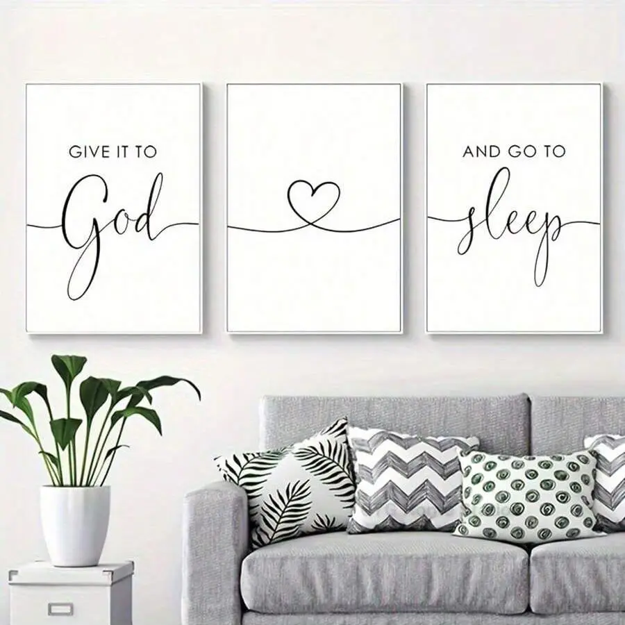 Bible Verse Themed Canvas Painting without Frame, 3 Counts/set Give It To God and Go To Sleep Letter & Heart Pattern Wall Art, Wall Decor for Home Bedroom, Valentine's Day Gift Idea