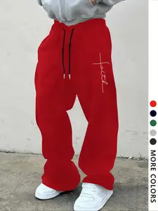 Men's Casual Loose-Fit Jogger Pants, Cross Faith Pattern Print, Drawstring Wide Leg Sweatpants, All-Season Men's Clothing